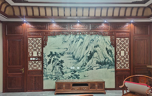天津中式仿古别墅客厅背景墙花格木作装饰